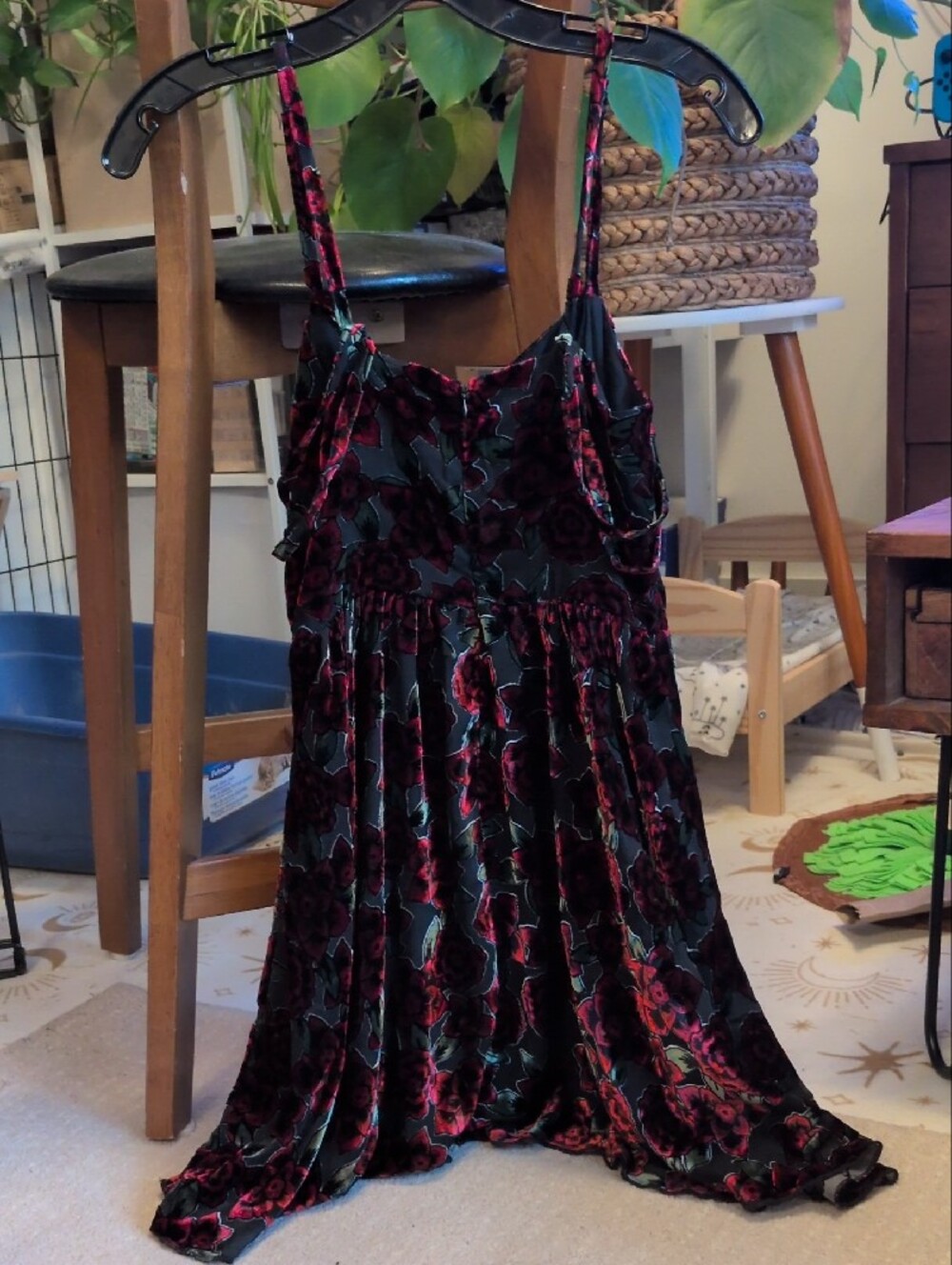 Black Velvet Floral Slip Dress with Red Rose Burnout - Picture 2 of 4